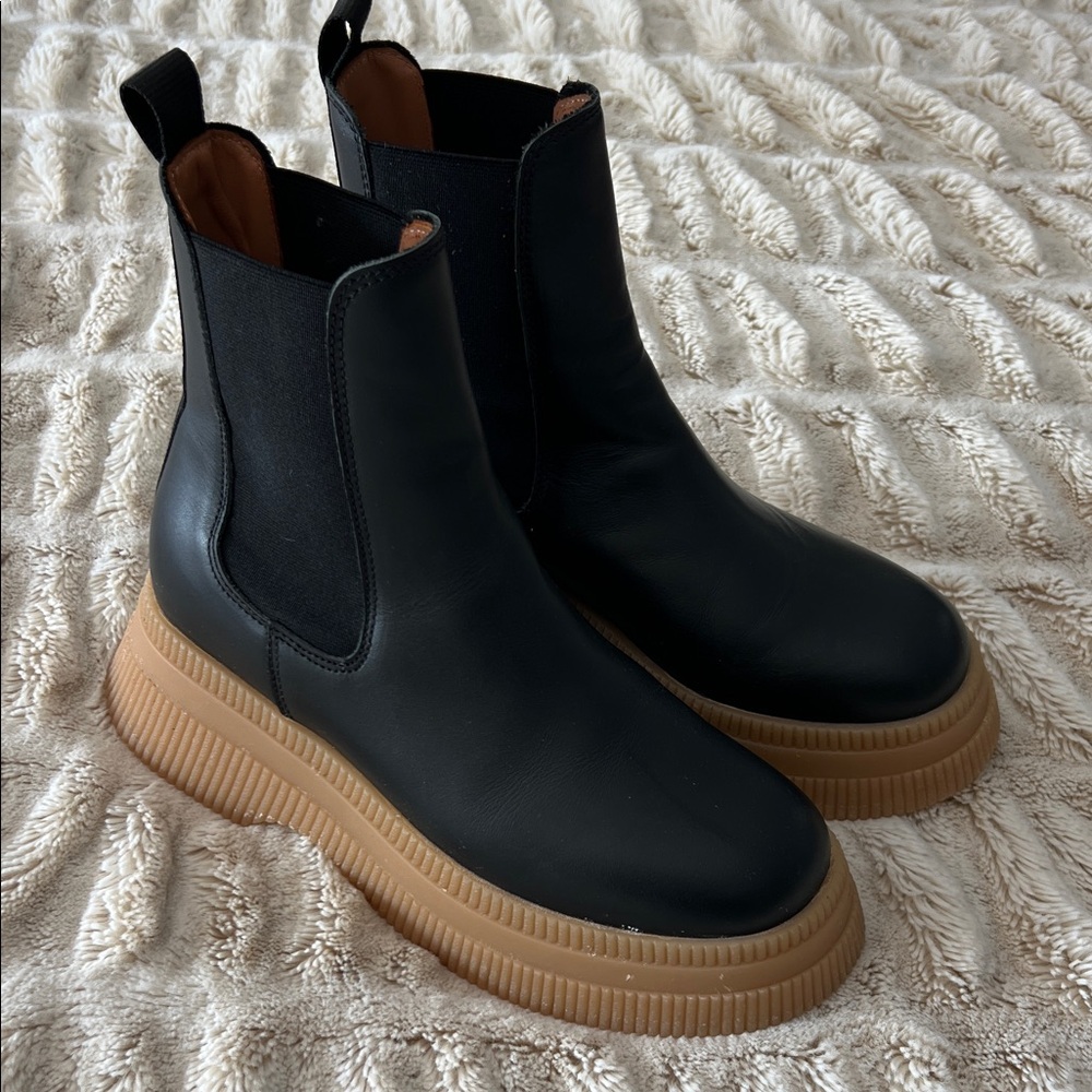 Ganni Black Leather Ankle Boots with Brown Sole
